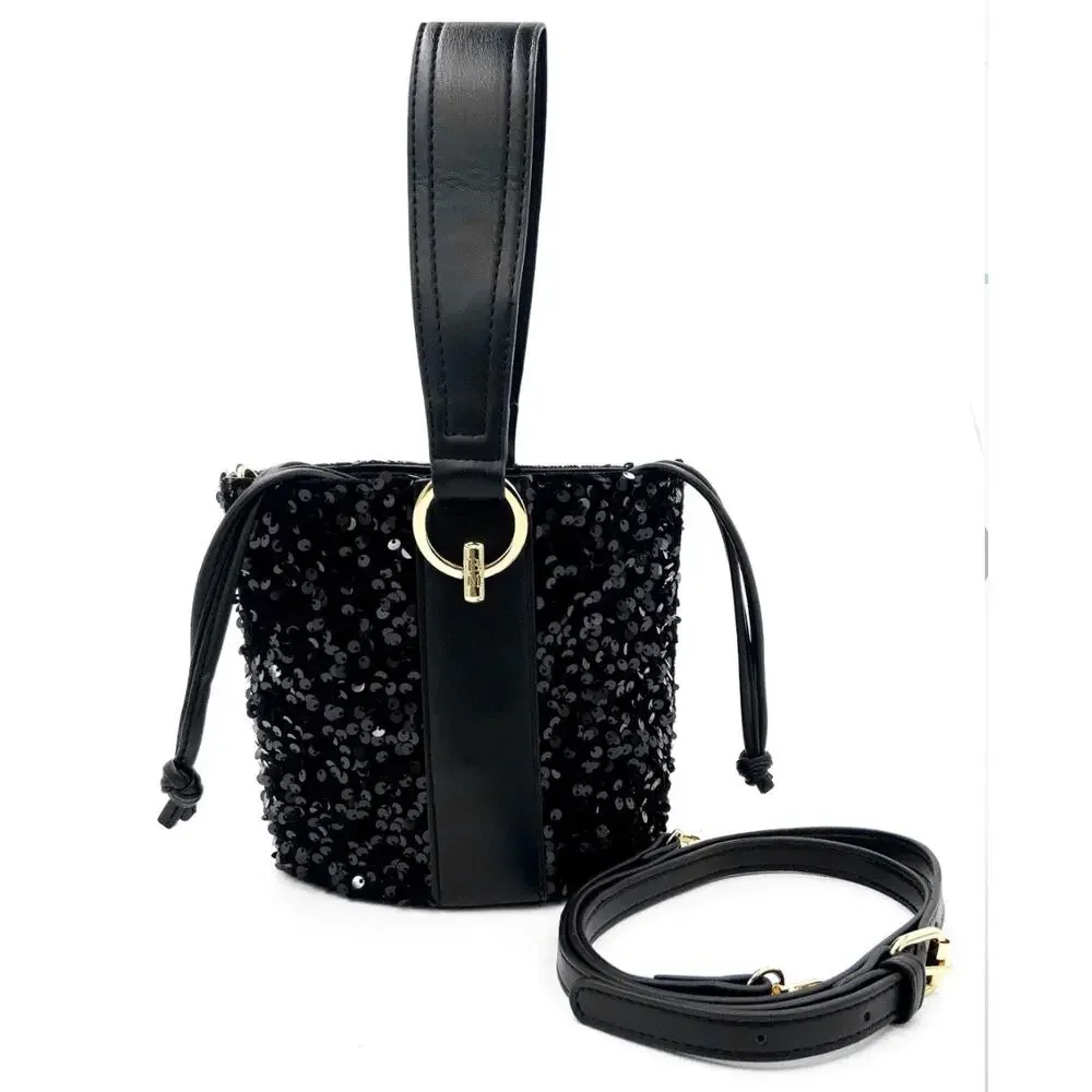 Badgley Mischka Black Sequin Bucket Bag NWT Crossbody MSRP $159